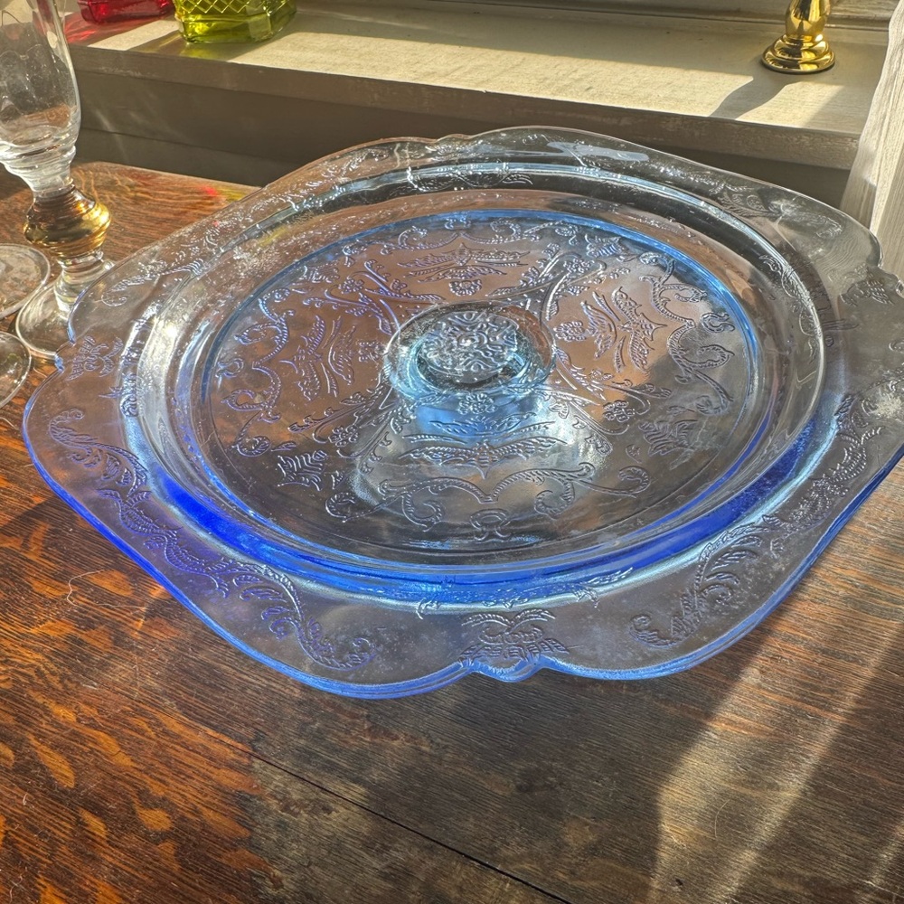 1970S PASTEL BLUE RECOLLECTION INDIANA GLASS PEDESTAL CAKE PLATE MADRID 4763 MIB